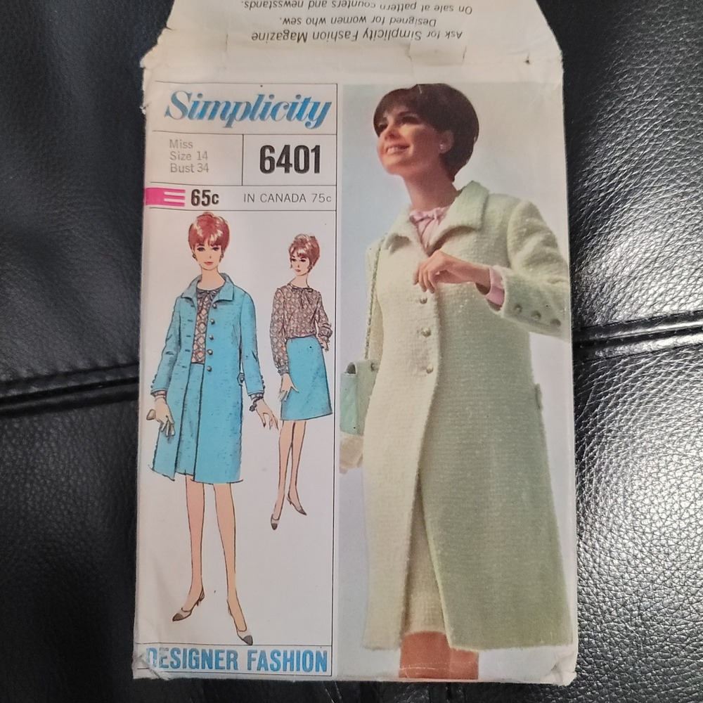 Vintage 1960s Simplicity 6401 Sewing Pattern Coat Blouse Skirt Set Size 14 cut